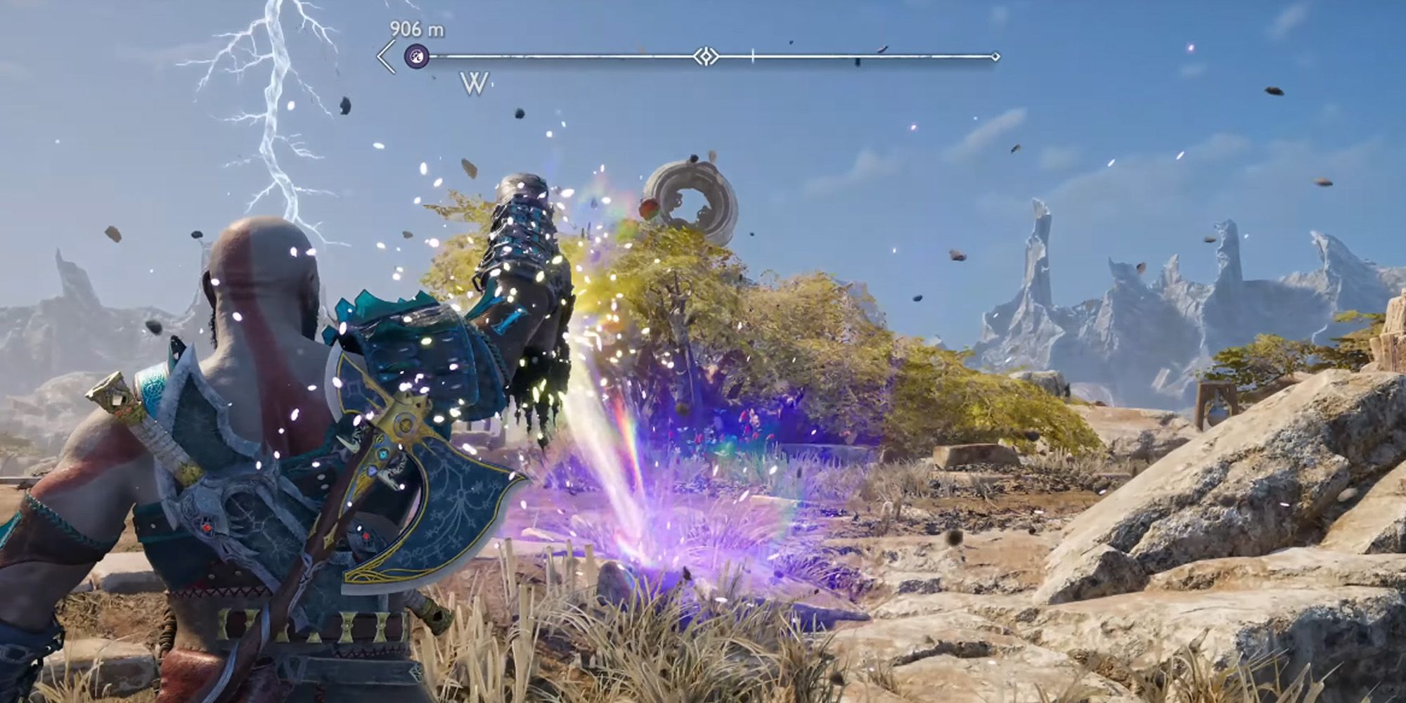 God of War Ragnarok Kratos sends jet of purple light into ground