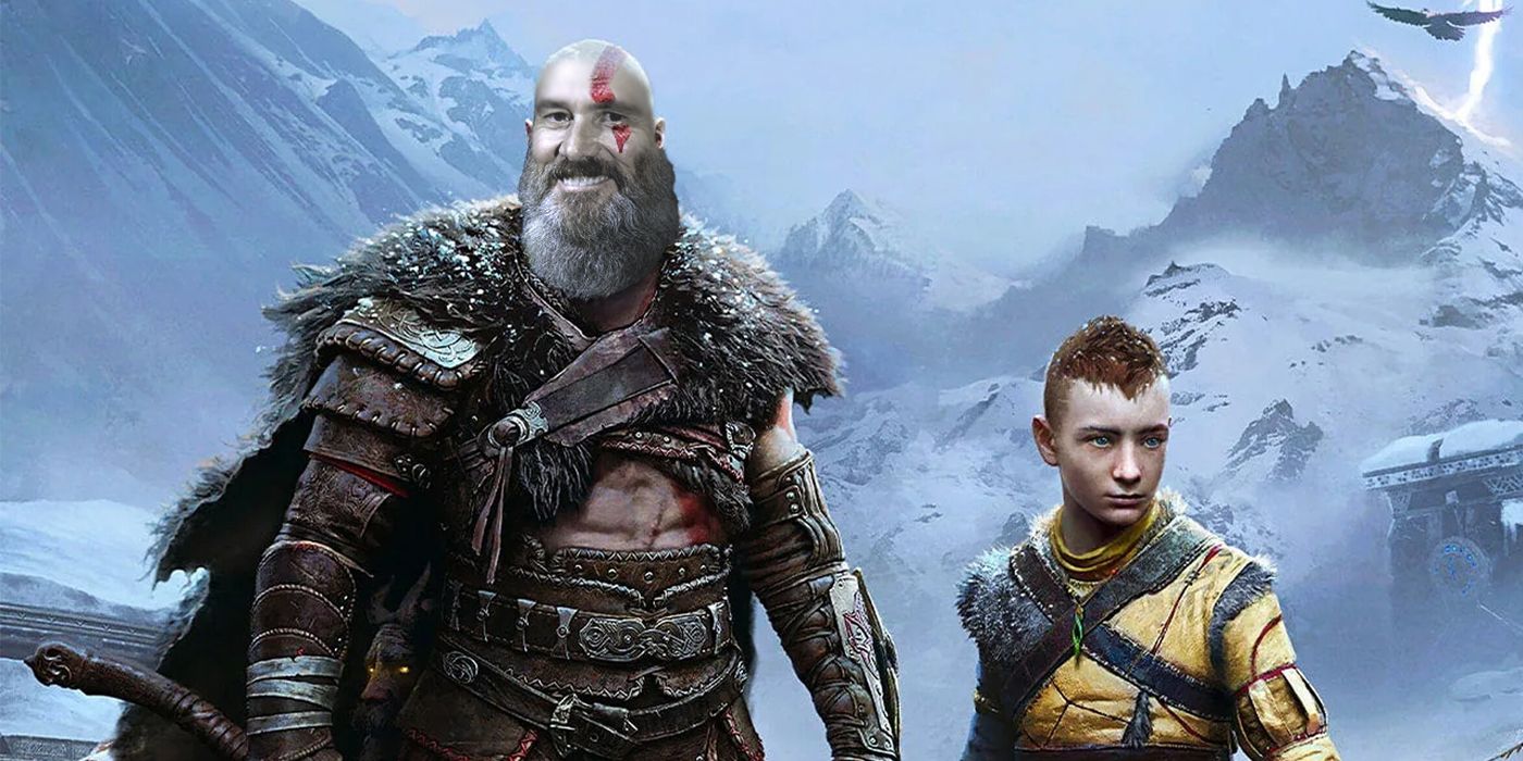 A bearded Jim Carrey (as seen on a late night interview) as Kratos on the God of War Ragnarok cover
