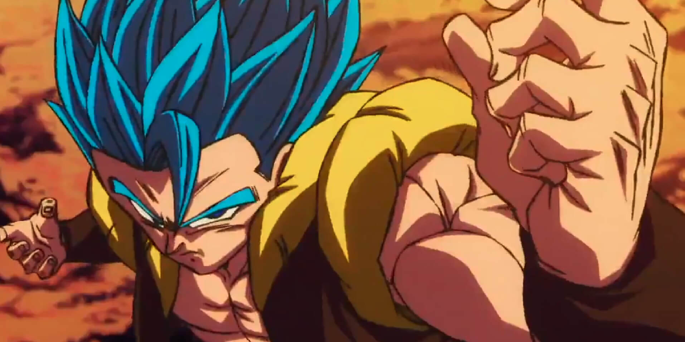 Gogeta Blue no anime, se preparando para a batalha com uma expressão determinada.