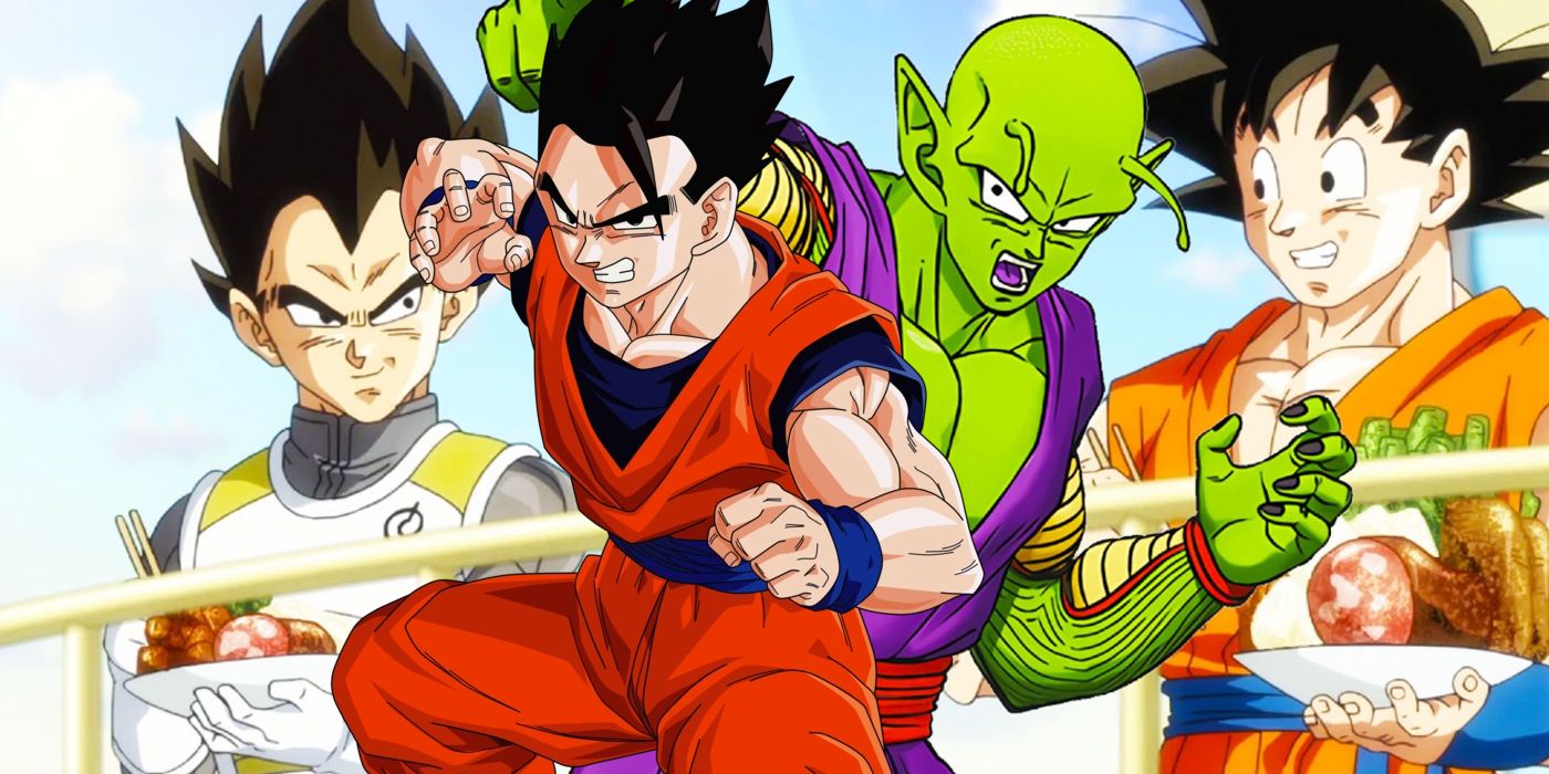 Goku and Vegeta standing behind Gohan and Piccolo