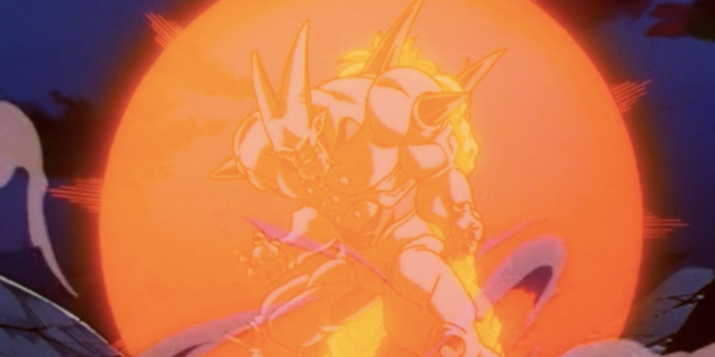 Omega Shenron from Dragon Ball GT contained in an orange ball of energy.