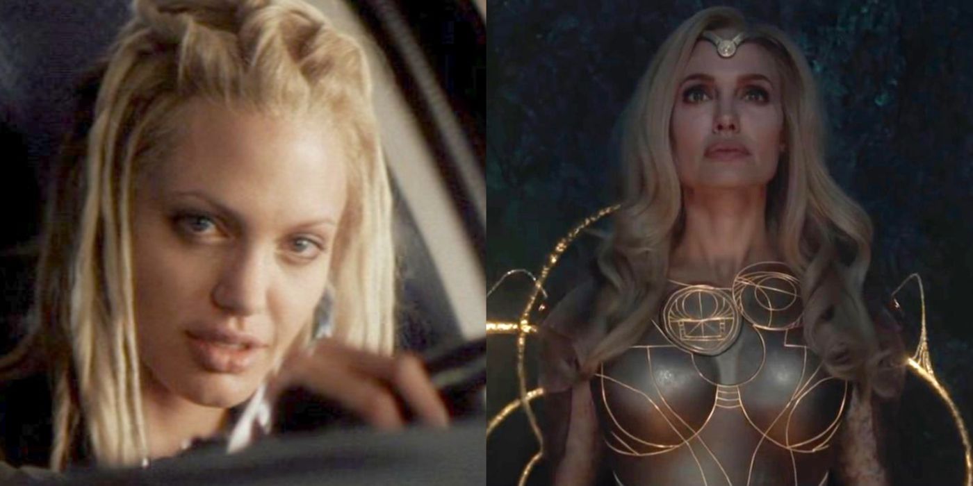 A split image of Angelina Jolie in Gone in 60 Seconds and Eternals 