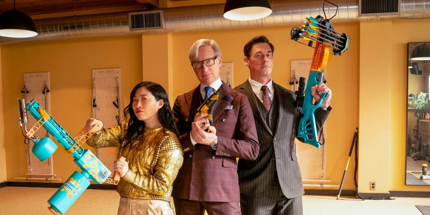 John Cena, Awkwafina, and Paul Feig wield toy guns in Grand Theft Lotto