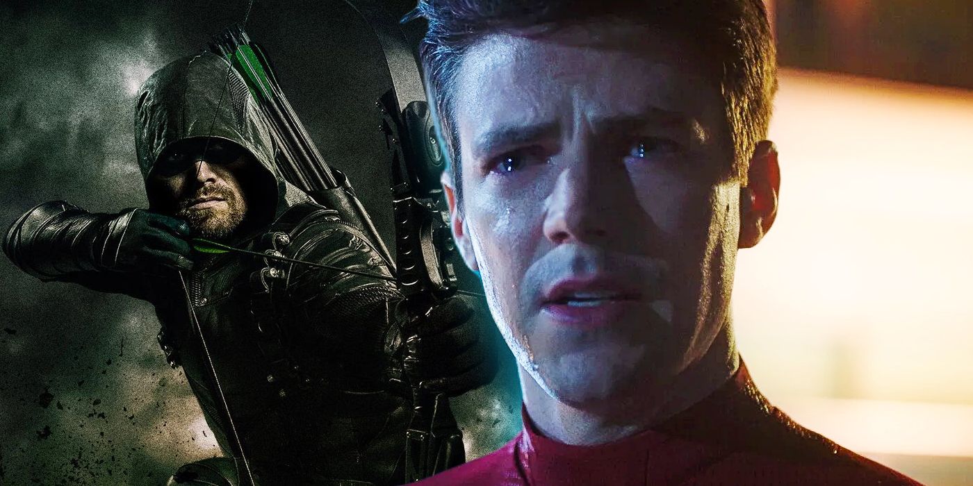 Split Image of Green Arrow (Stephen Amell) firing an arrow and the Flash (Grant Gustin) crying