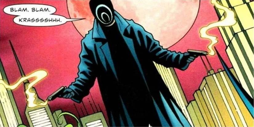 DC villain Onomatopoeia says "blam blam" after shooting his guns