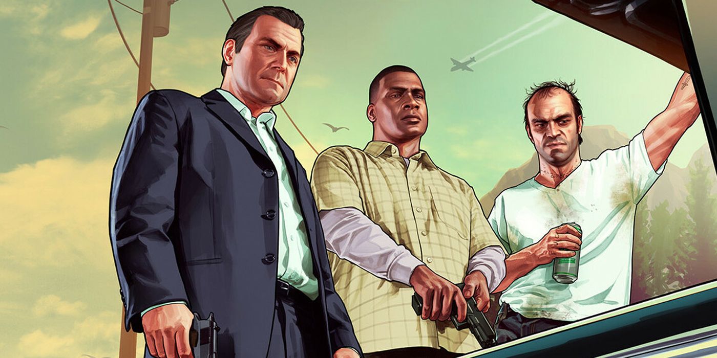 Michael, Franklin and Trevor looking into a car trunk in a scene similar to the Deathwish ending in GTA 5 official artwork