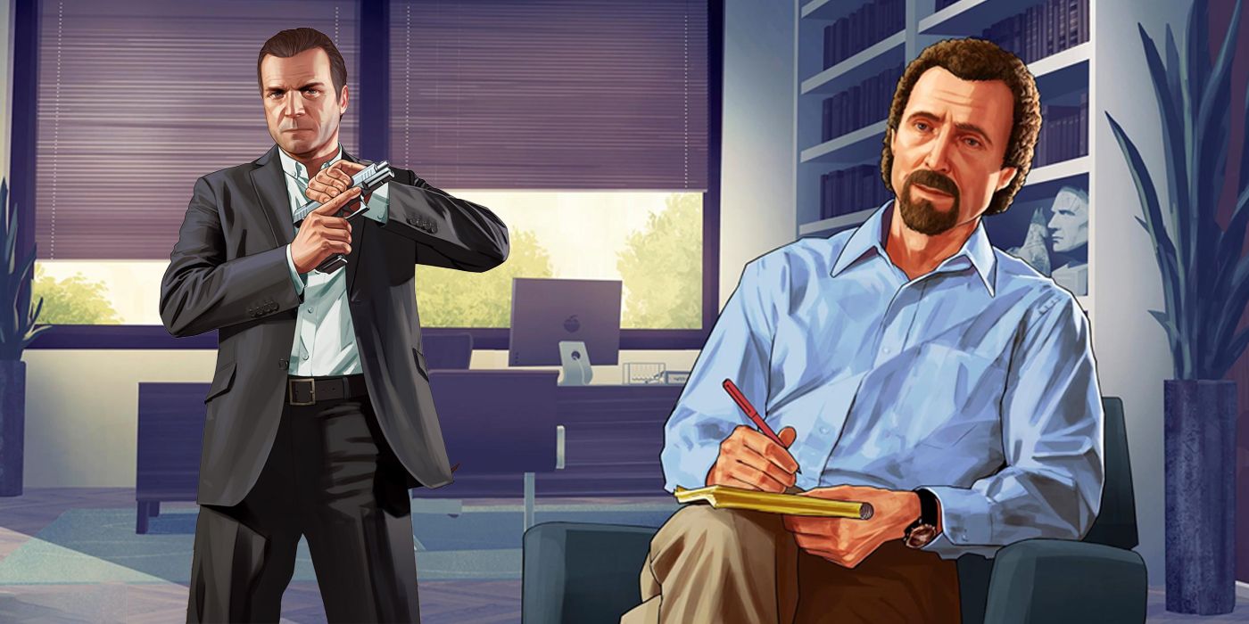 GTA 5's Michael cocks a pistol in Dr Friedlander's office while the therapist sits in his chair