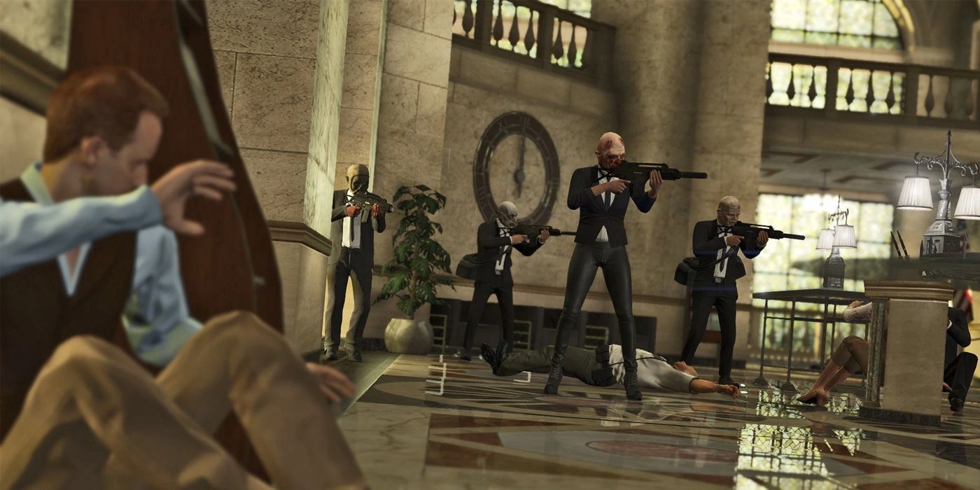 Ladrones armados y enmascarados toman como rehén a un banco en un atraco a GTA Online