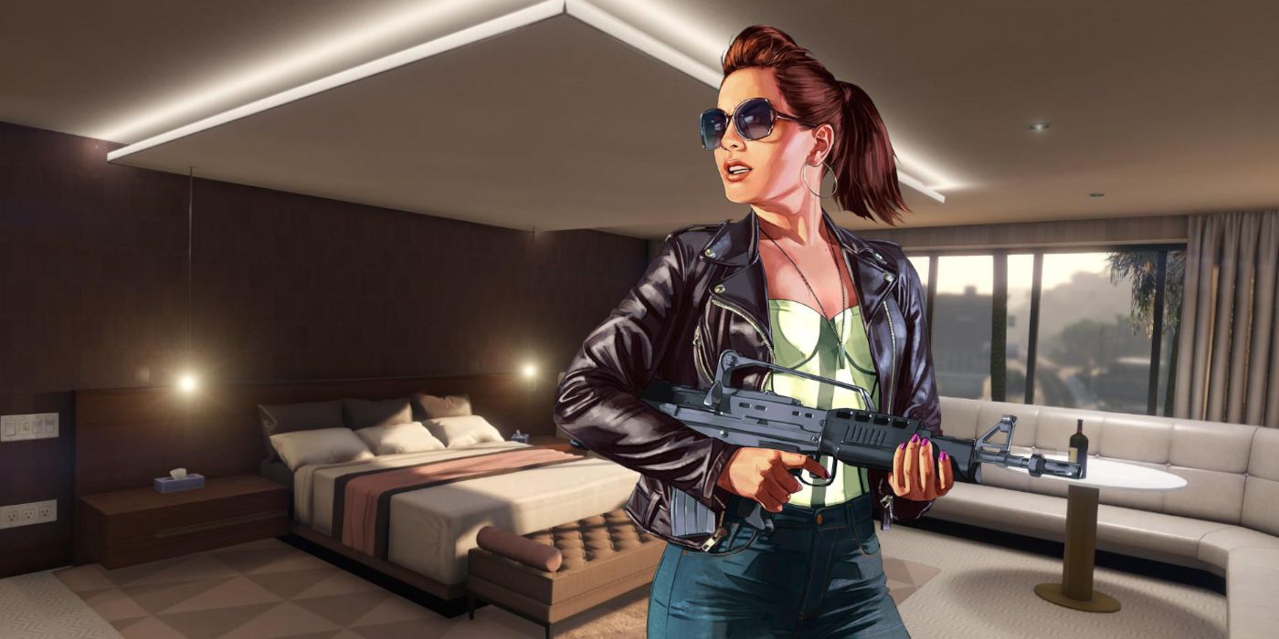 A GTA Online character posing in front of a casino penthouse bedroom
