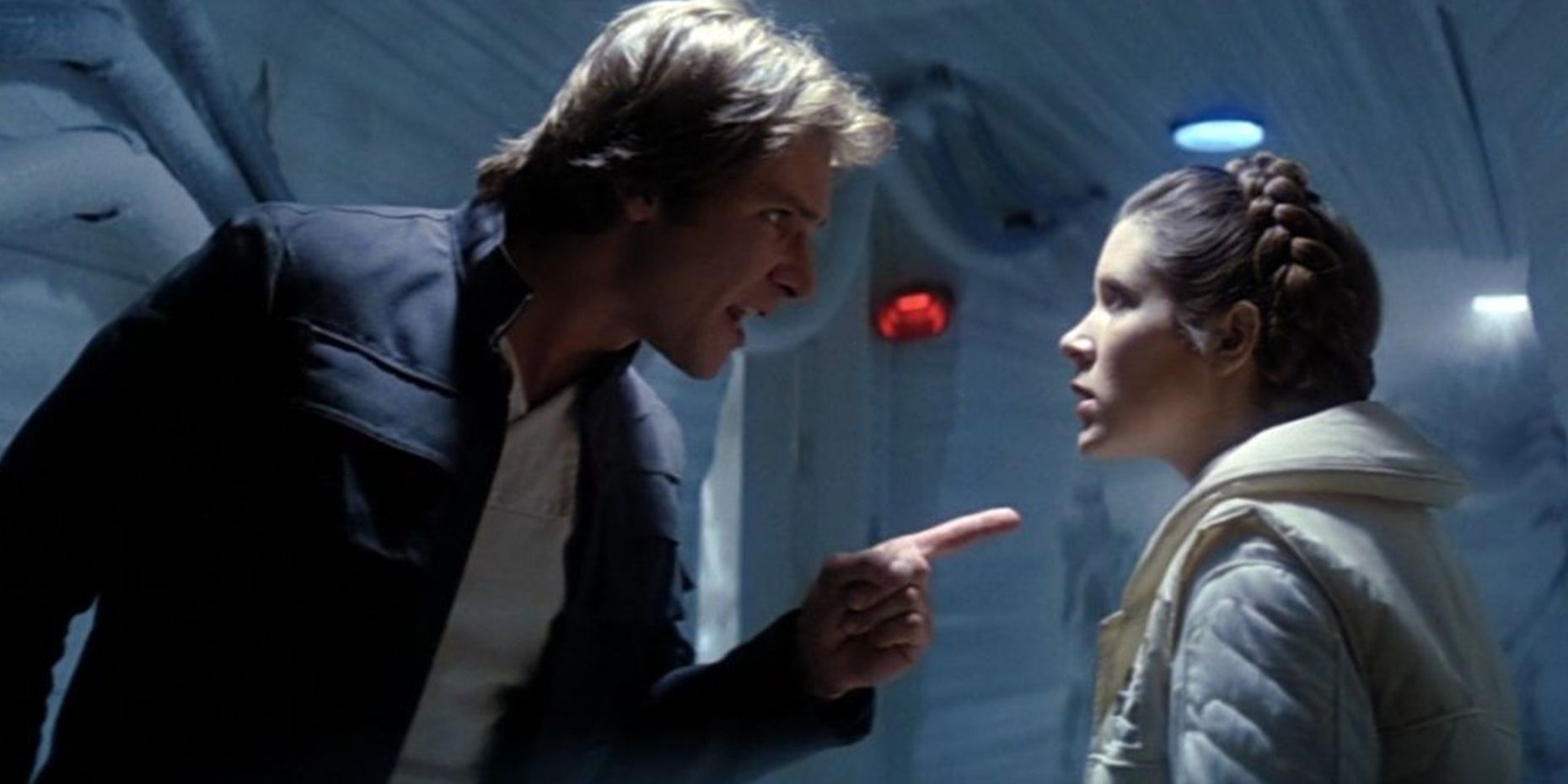 Han points at Leia at a Rebel base on Hoth in The Empire Strikes Back