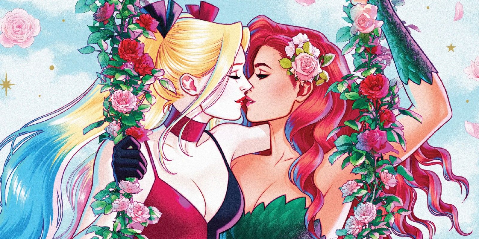 Harley Quinn and Poison Ivy Embracing on a Swing DC Pride Bartel Variant Cover