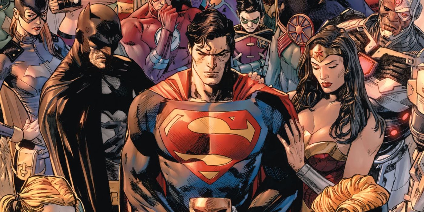 Comic book art: Batman, Superman, and Wonder Woman look sombre in front of a crowd of other heroes from Heroes in Crisis.