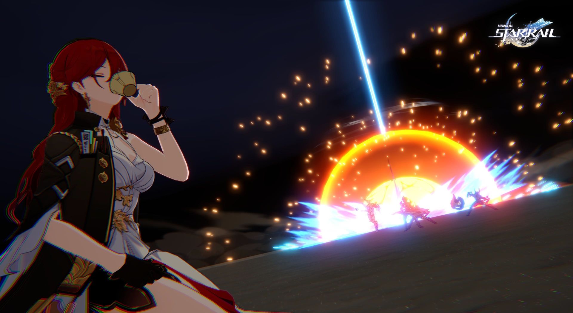 Himeko utilise sa capacité ultime contre les ennemis dans Honkai Star Rail.  Au loin, un faisceau laser concentré tombe sur eux créant une explosion, tandis qu'elle boit du thé paisiblement.