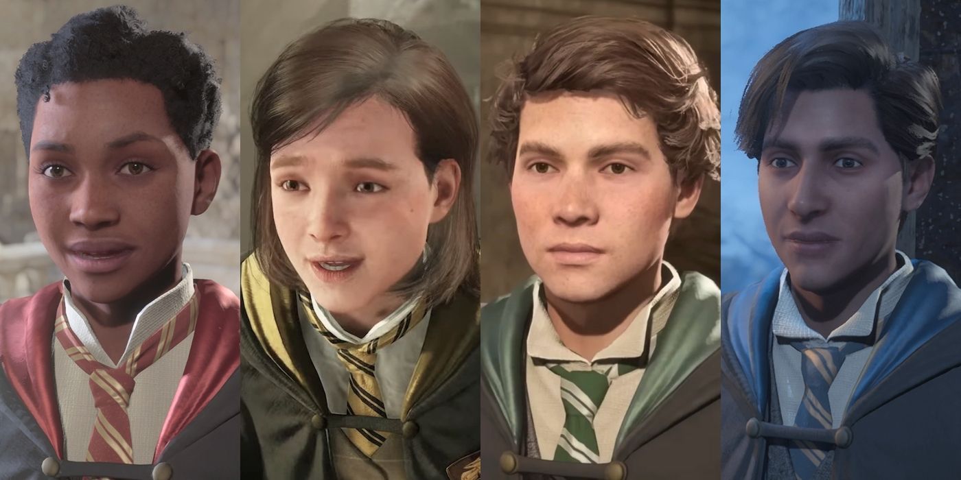 Close-up shots of Natsai Onai, Poppy Sweeting, Sebastian Sallow, and Amit Thakkar in Hogwarts Legacy.