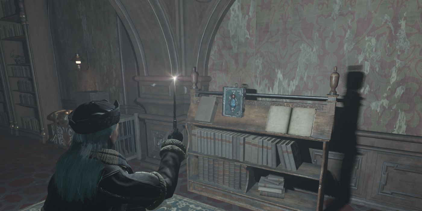 A female character casting lumos in the Restricted Section of Hogwarts Legacy, with the Secrets Of The Darkest Arts book floating on a bookshelf.