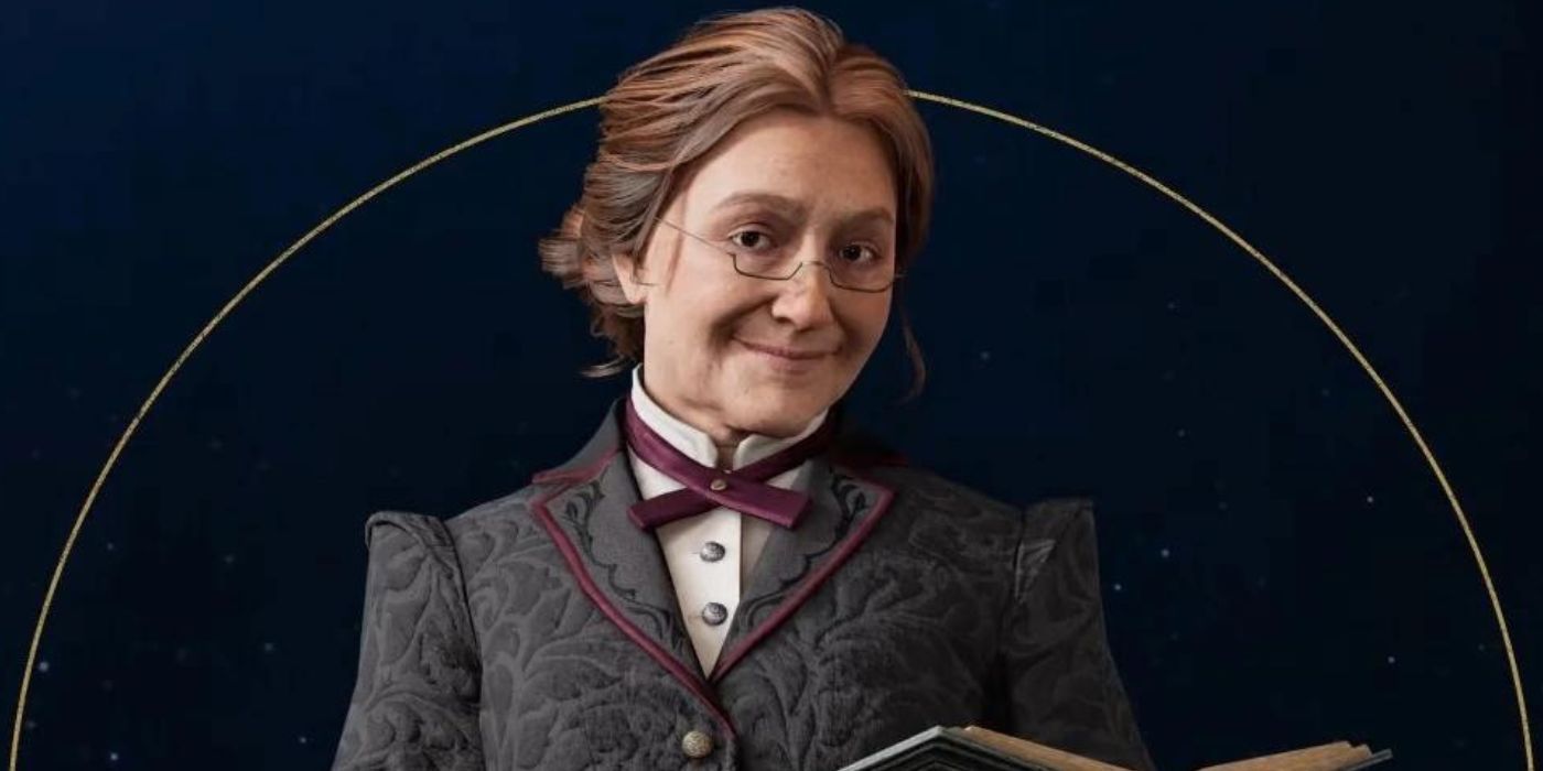 A close-up of Professor Matilda Weasley from Hogwarts Legacy against a dark background.