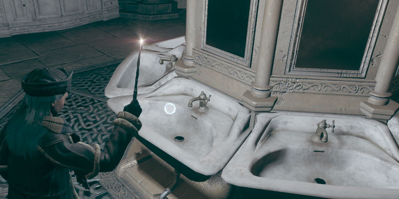 A female character casting Lumos and looking at a sink with a snake etched into the faucet. 