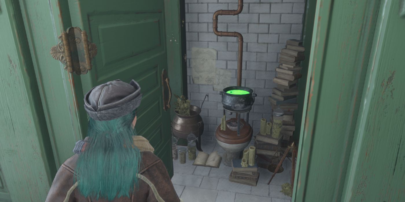 A female standing in front of an open bathroom stall, which contains a cauldron brewing a bright green liquid in Hogwarts Legacy.