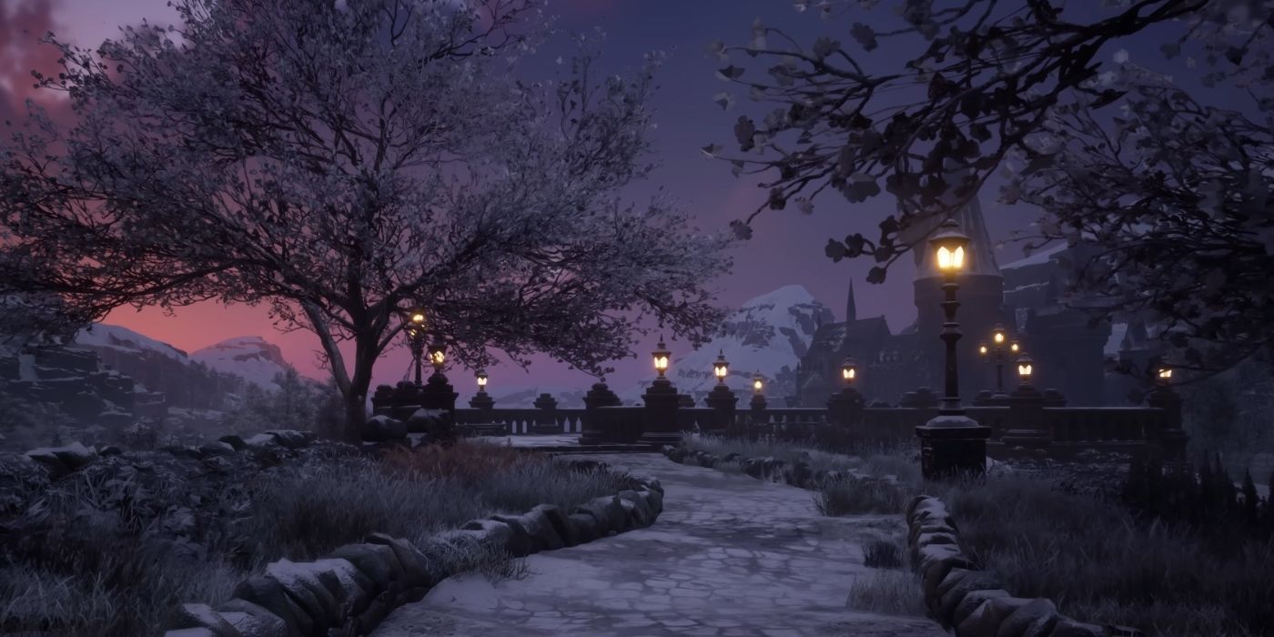 A shot of a winter sunset on a pathway outside Hogwarts, as showcased in a Hogwarts Legacy ASMR video.