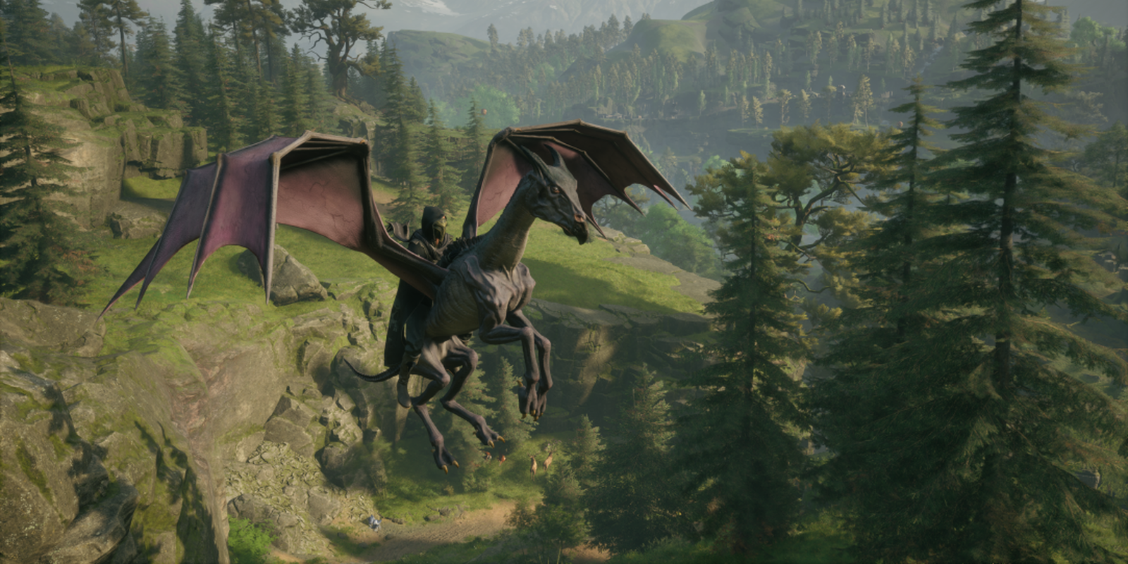 A Hogwarts Legacy player riding a Thestral mount flying above the forest.