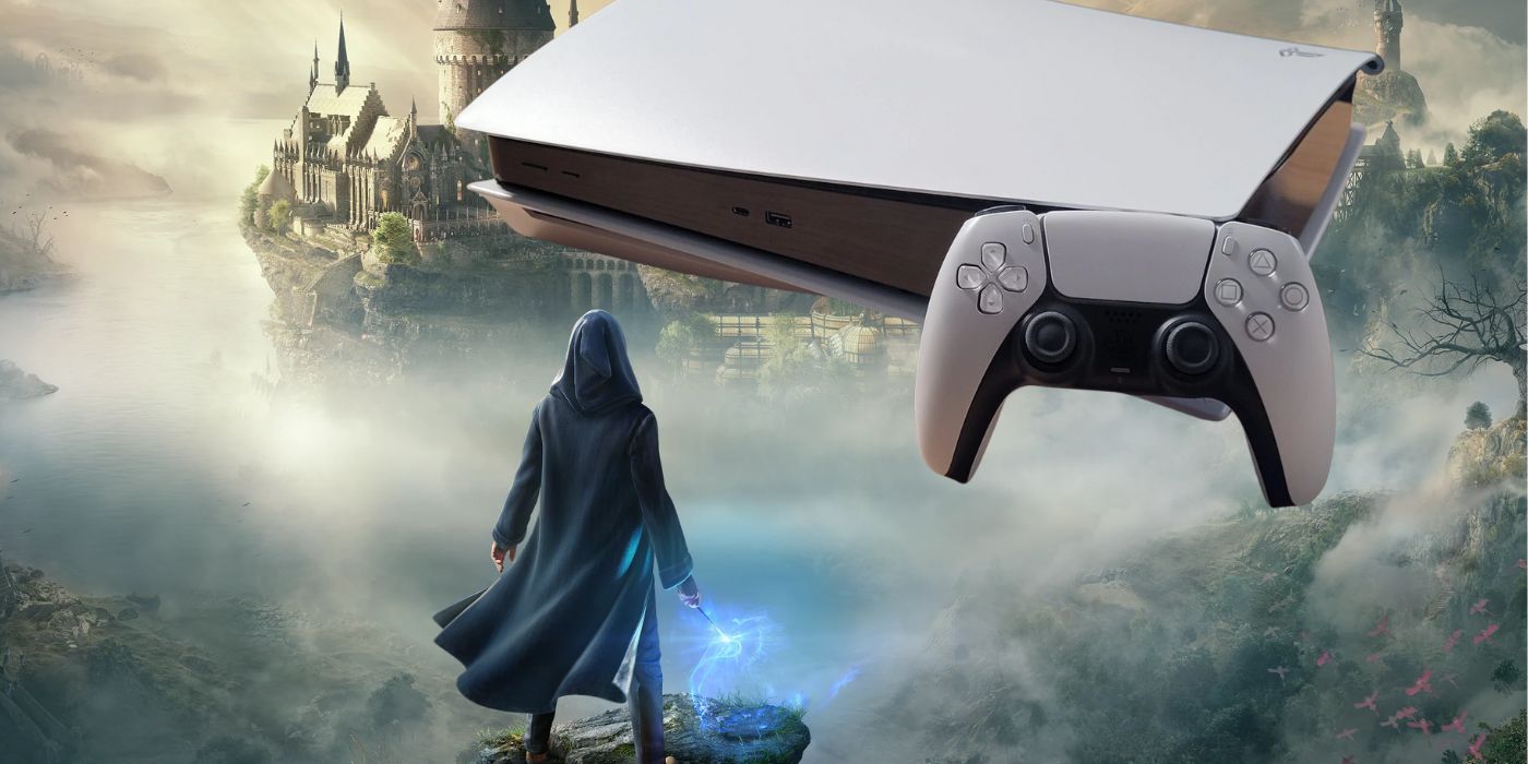 Hogwarts Legacy's promotional image of a cloaked witch or wizard standing on a ledge and looking at the castle, with a PlayStation 5 console and DualSense controller overlaid on said castle.
