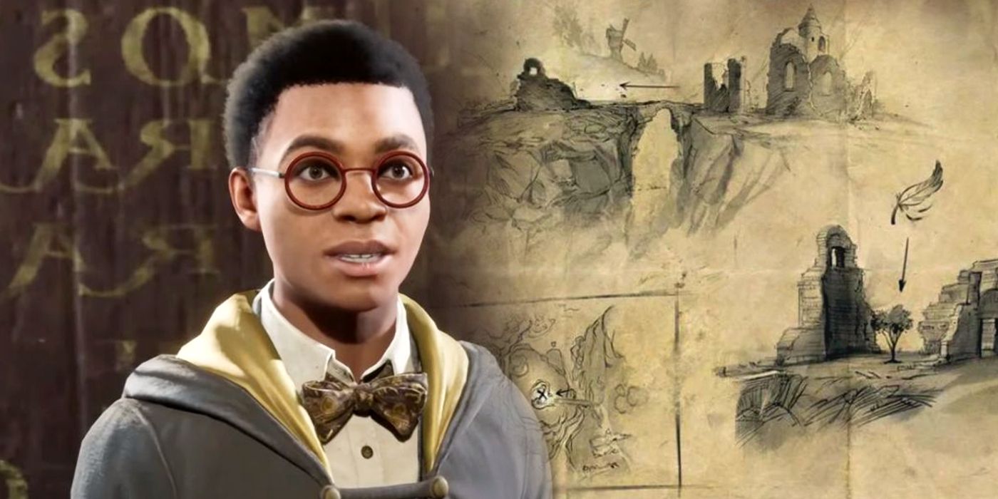 A close-up of the Hogwarts Legacy Hufflepuff, Arthur Plummly, next to an image of a map.