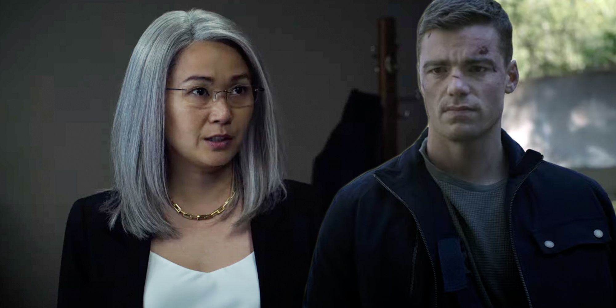 Hong Chau and Gabriel Basso as Diane Farr and Peter Sutherland in The Night Agent