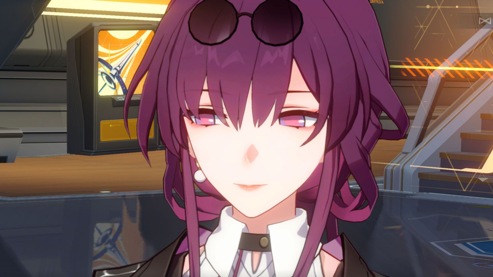 An-in game screenshot of Honkai: Star Rail's Kafka bust. She looks at something to the side, off-screen. She has shades on her head, but not over her eyes.