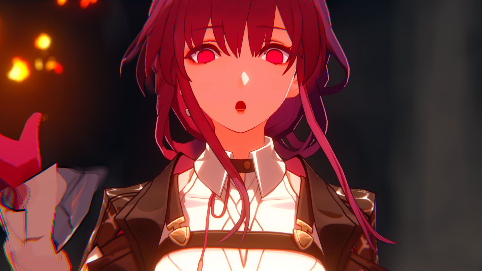 An in-game screenshot of Honkai: Star Rail's Kafka making a surprised face as she uses her Ultimate Ability.