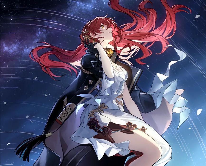 Une image de Honkai: Star Rail's Night on the Milky Way Light Cone.  Il montre Himeko assis sur quelque chose tout en regardant le ciel, qui est plein d'étoiles, tandis que ses cheveux bougent à cause du vent soufflant.