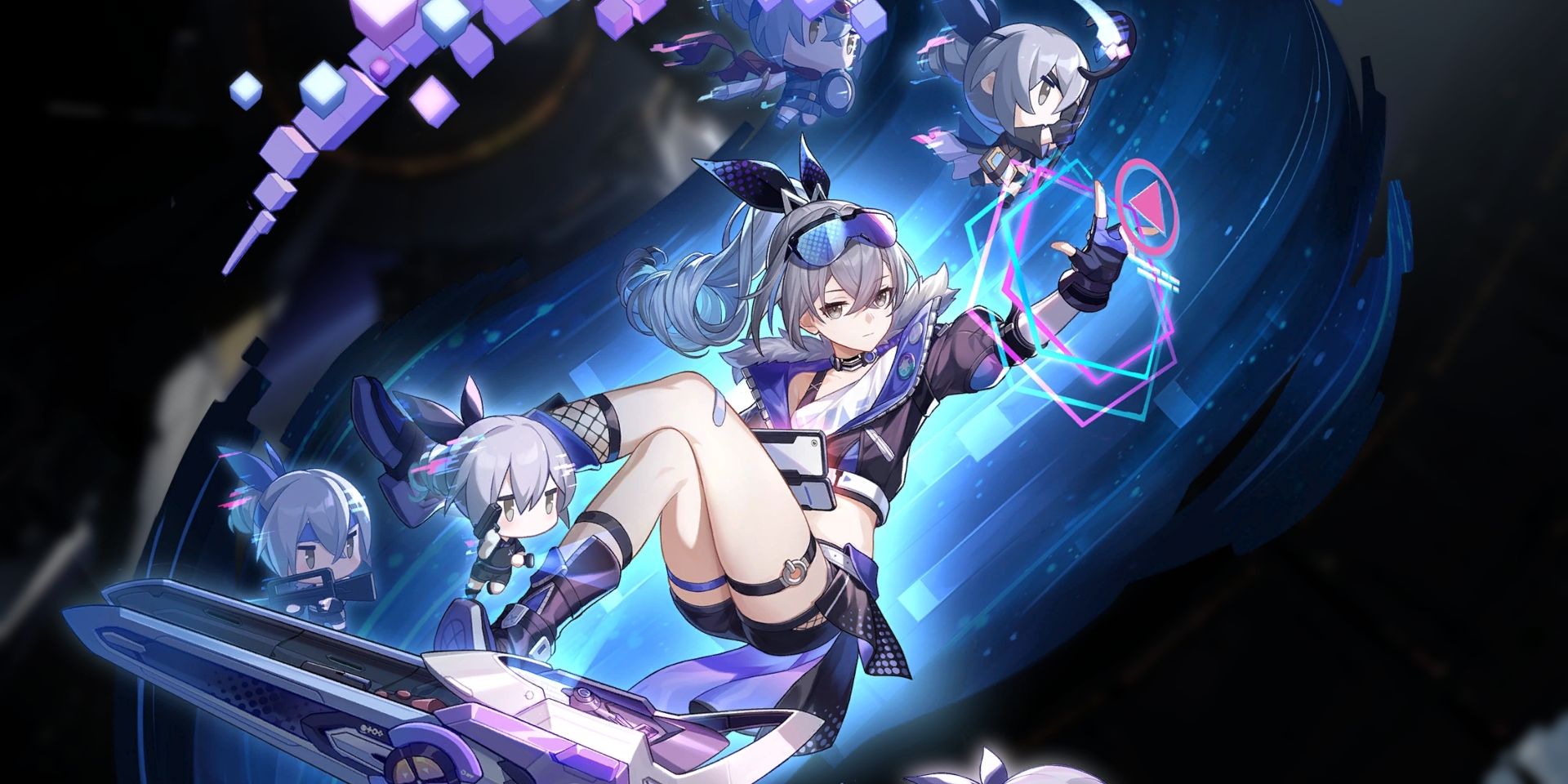 Key art Silver Wolf di Honkai: Star Rail, menampilkan karakter yang melayang di udara, dikelilingi oleh miniatur dirinya dan efek biru di belakangnya.