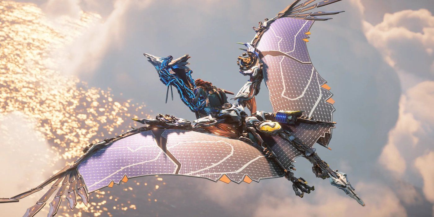 Aloy riding a flying Sunwing above the sea in Horizon Forbidden West: Burning Shores.