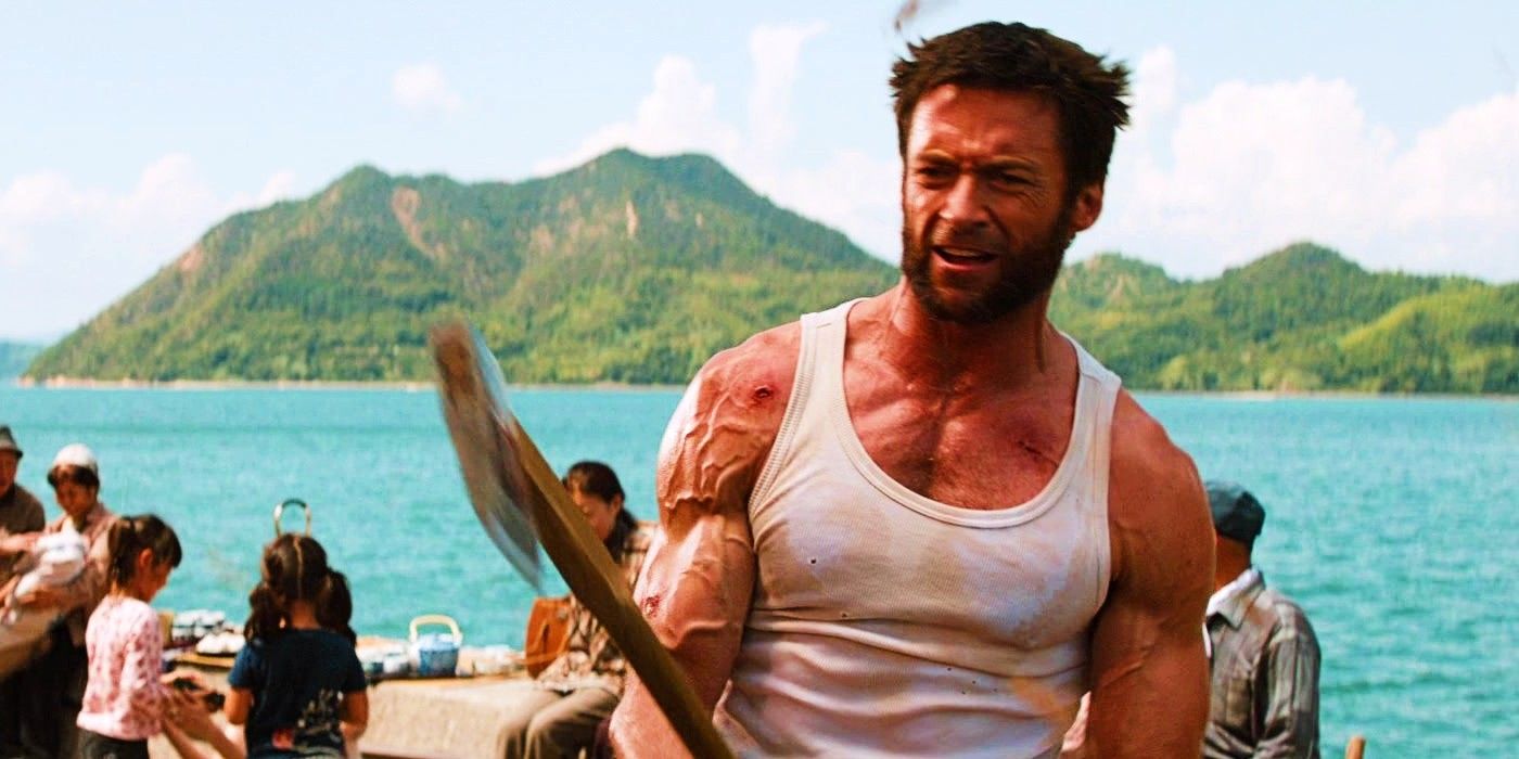 Hugh Jackman Holding An Axe and Chopping Wood in The Wolverine