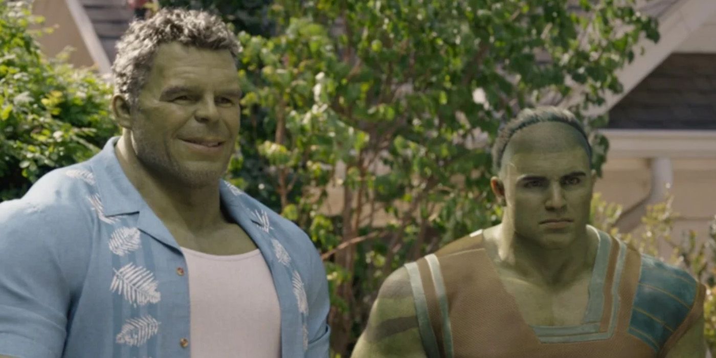 Smart Hulk (Mark Ruffalo) smiles and Skaar (Wil Deusner) looks serious in She-Hulk finale