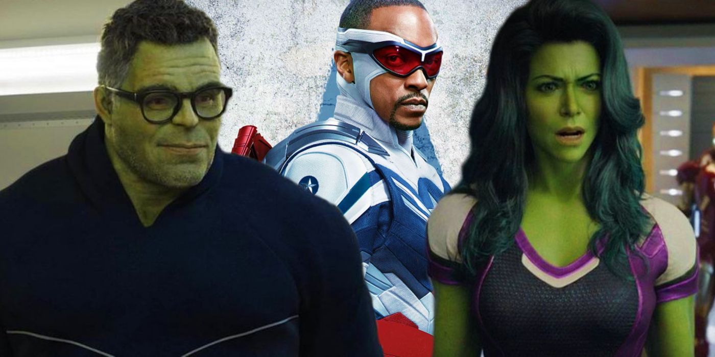 Sam Wilson as Captain America between Smart Hulk from Endgame and She-Hulk from She-Hulk: Attorney at Law