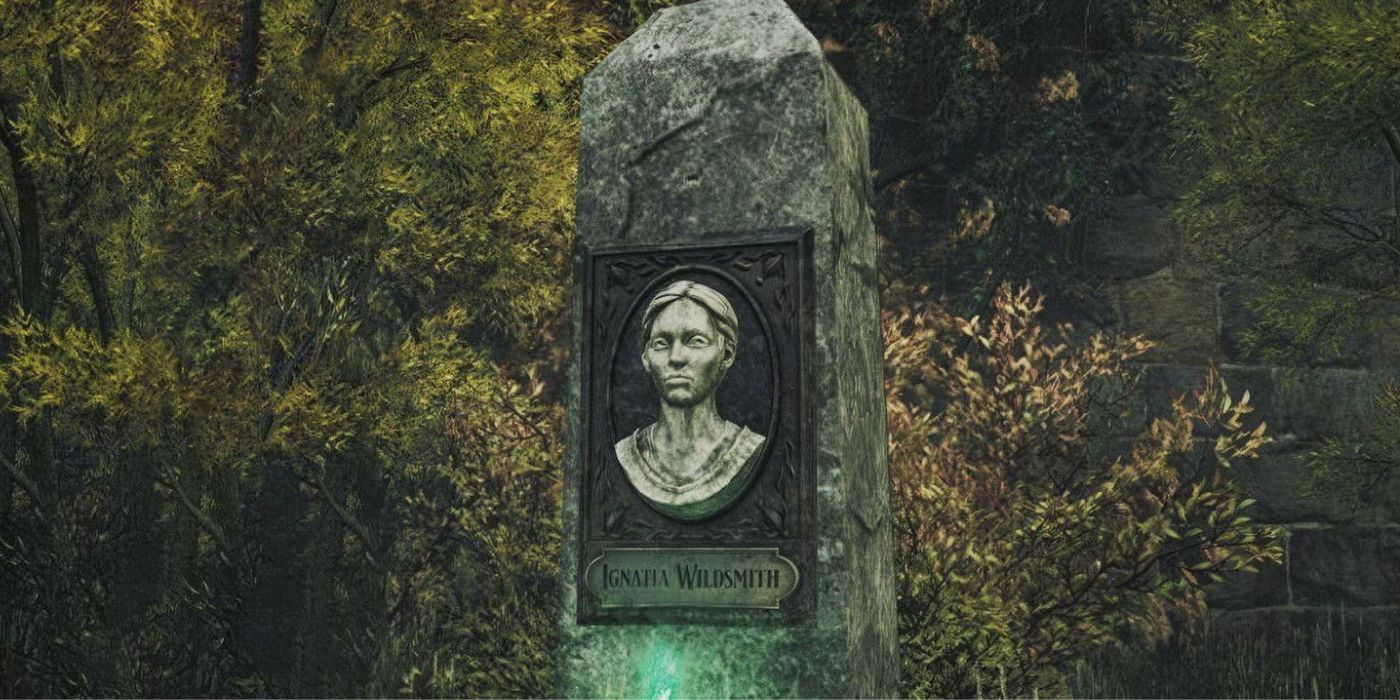 A post with a floo flame and a plaque of Ignatia Wildsmith aka the Floo Flame Lady at Hogwarts legacy