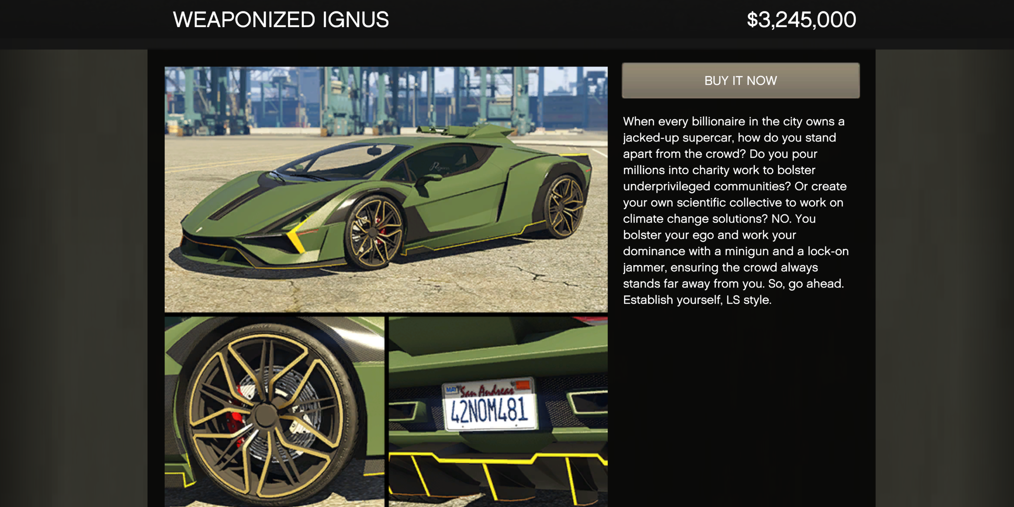 A green Pegassi Weaponized Ignus for Sale in GTA Online