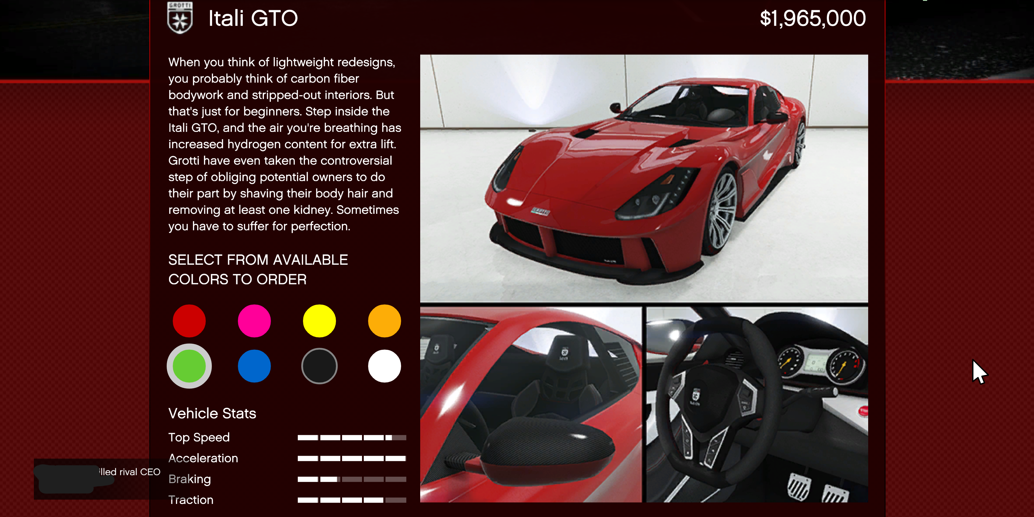 A Red Grotti Itali GTO for sale in GTA Online
