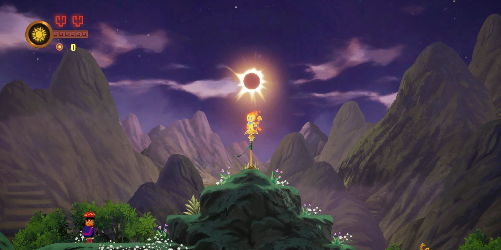 Imp of the Sun showing the main character, Nin the imp, standing on the top of a small peak with the orb of sunlight above his head