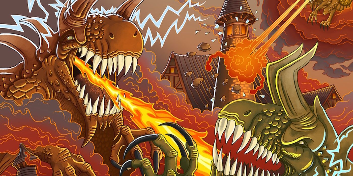 Two giant Tarrasques breath fire as they destroy a city