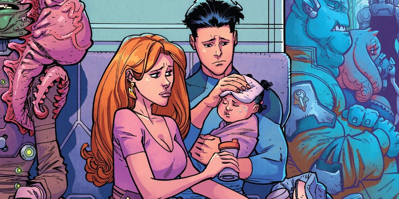 Invencible y Atom Eve con su bebé.