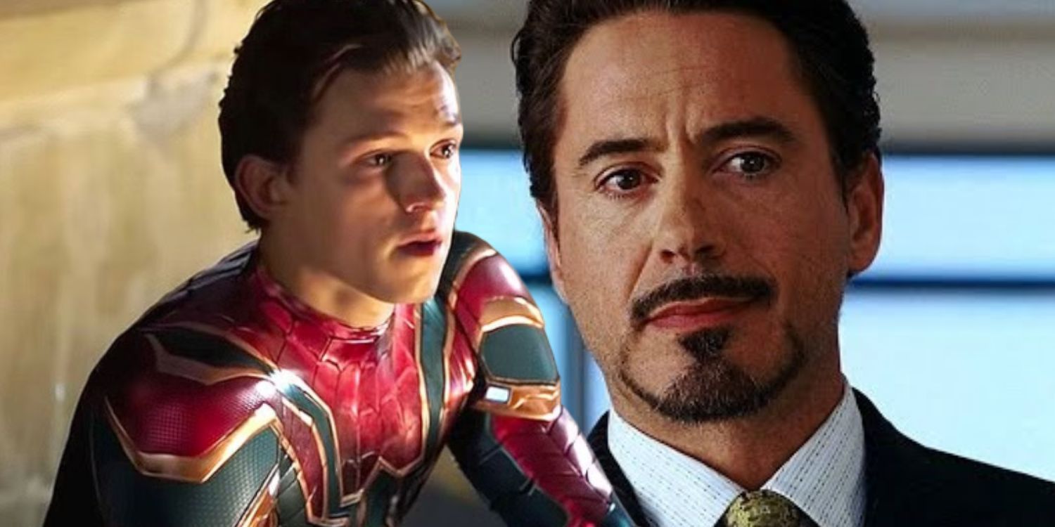 Split Image of Spider-Man Mourning Tony Stark in Spider-Man: Far From Home and Tony Stark revealing his identity at the end of Iron Man