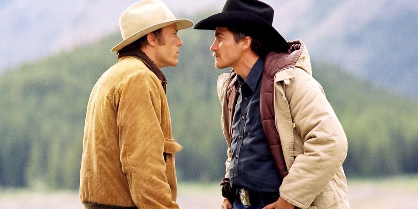 Jack and Ennis look at each other at Brokeback Mountain