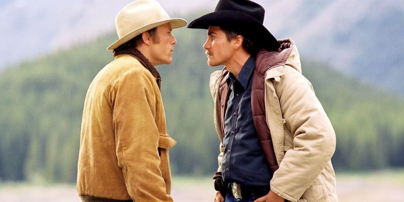 Jack and Ennis looking at each other in Brokeback Mountain