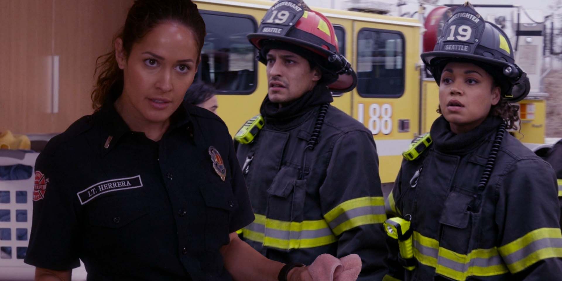 Jaina Lee Ortiz as Andy, Barrett Doss as Vic, and Carlos Miranda as Theo in Station 19 season 6 episode 10