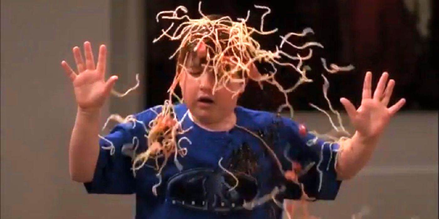 Jake getting spaghetti thrown on his head in Two and a Half Men