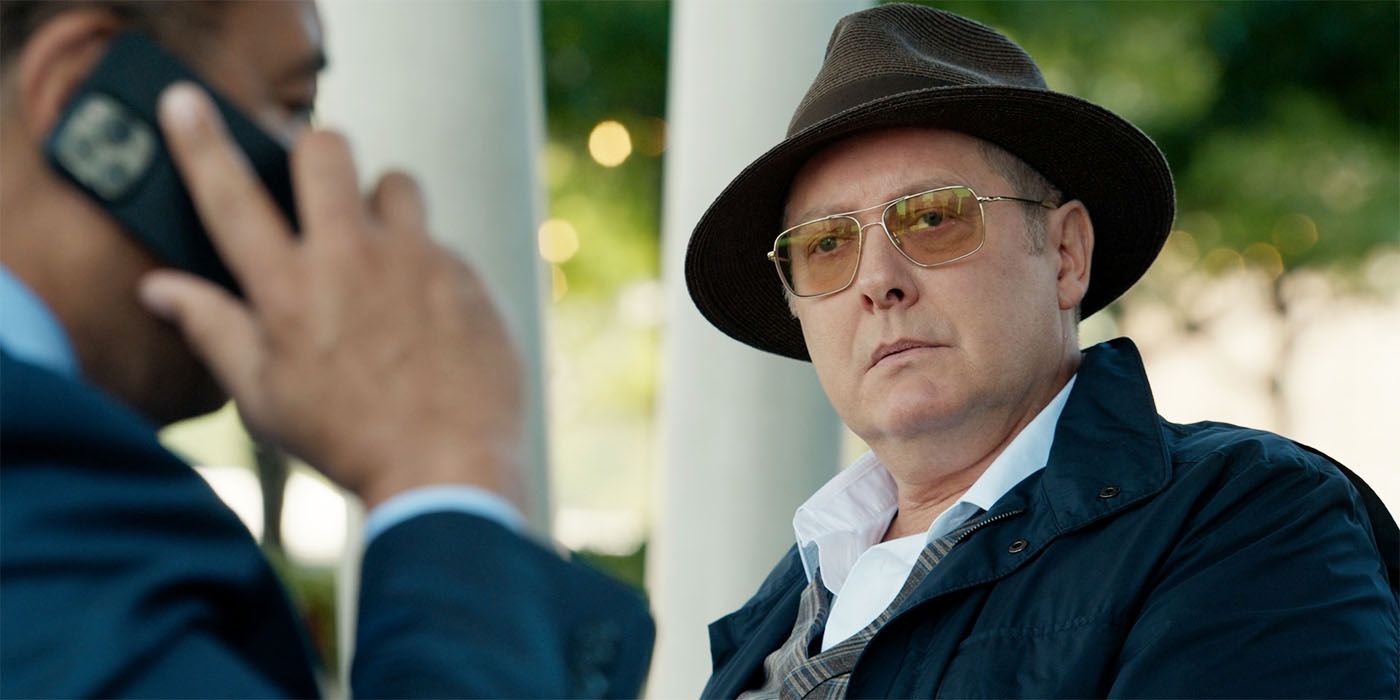 James Spader as Red in The Blacklist season 10, episode 2 seated looking at Halord talking on the phone
