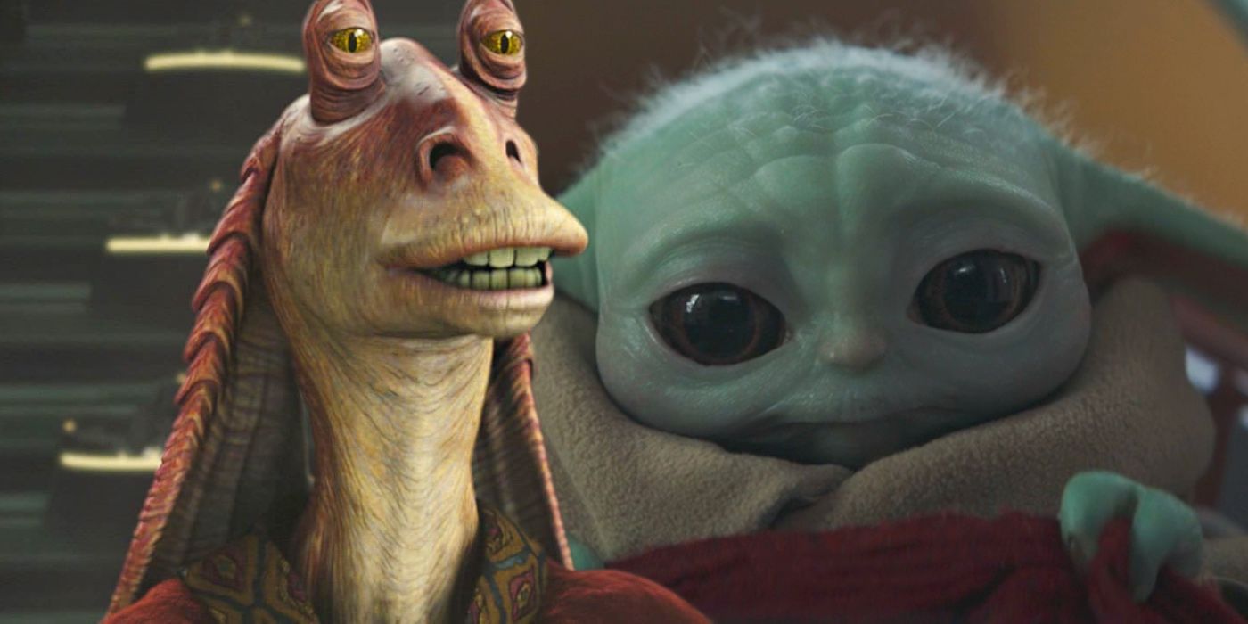 Jar Jar Binks em Ataque dos Clones e Grogu em O Mandaloriano.