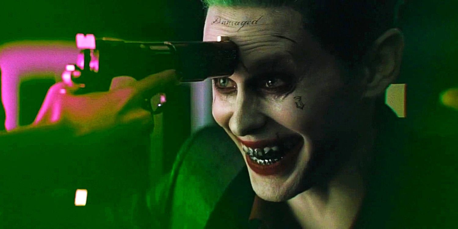Jared Leto as Joker with a gun to his head in Suicide Squad 2016