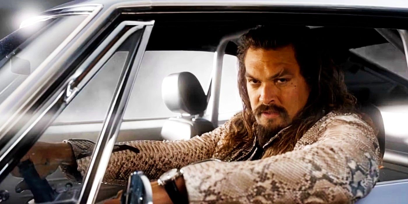 Dante Reyes (Jason Momoa) behind the wheel of a car in Fast X